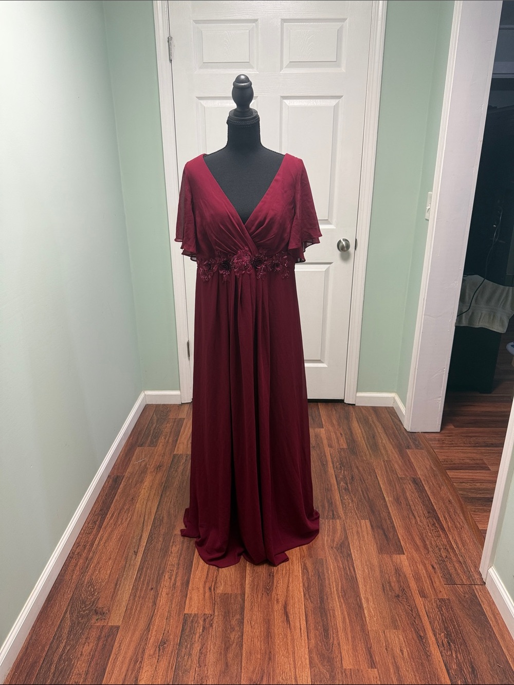 Ever Pretty Burgundy V-Neck Maxi Dress with Floral Waist